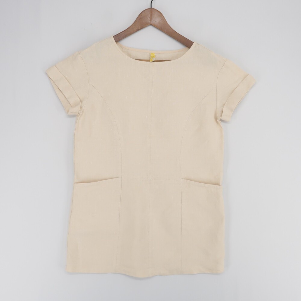 Free People Dress Womens XS Beige Shift Short Sleeve Linen Pockets Boho